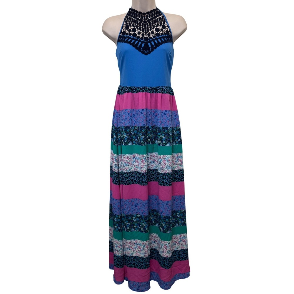 Tommy Hilfiger Maxi Dress XS Blue Floral Striped Crochet Smocked Halter Boho